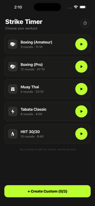 Strike Timer home screen showing preset list